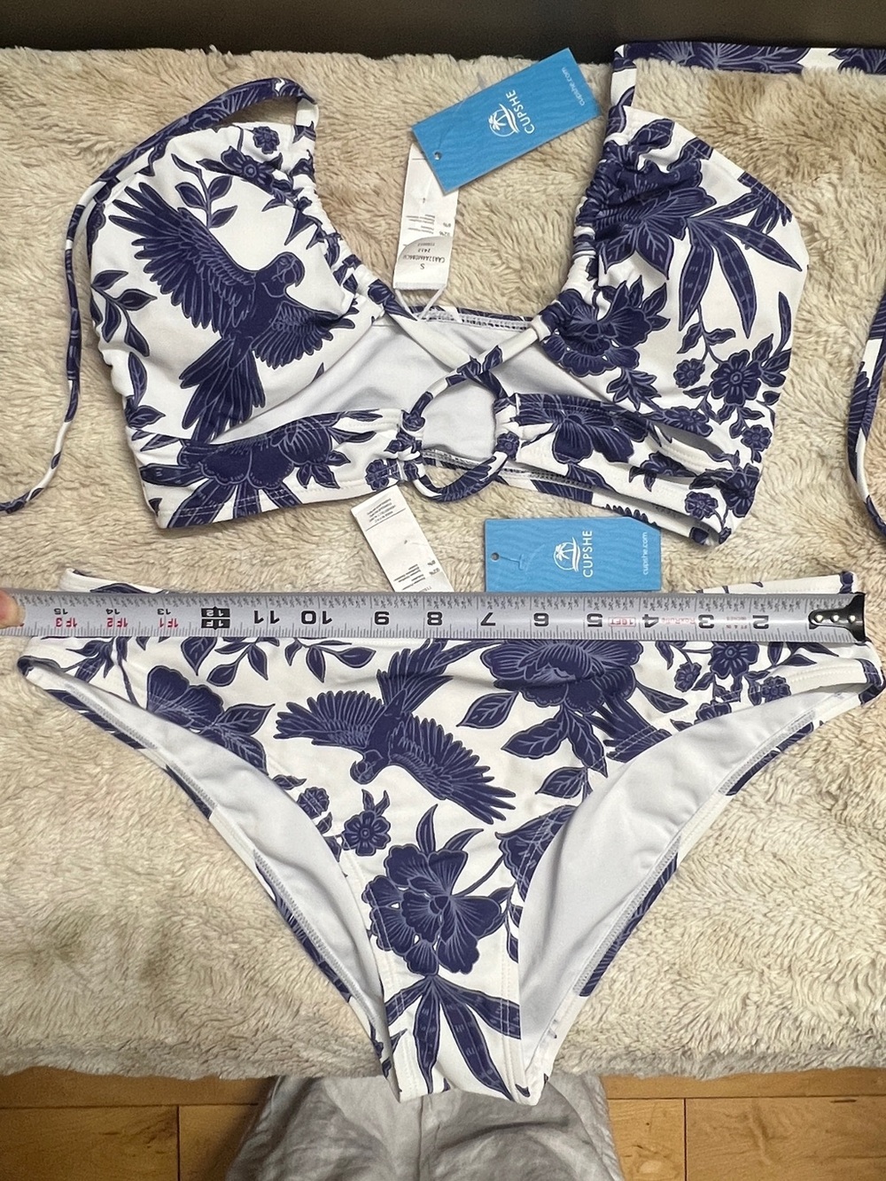 Cupshe White & Navy Floral Bird Ring-Front Bikini Set